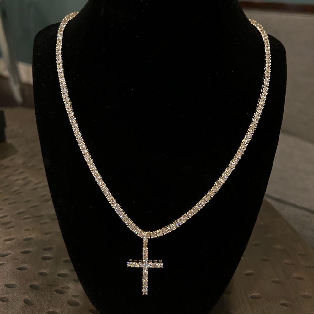 Gold diamond tennis necklace plus cross pendant